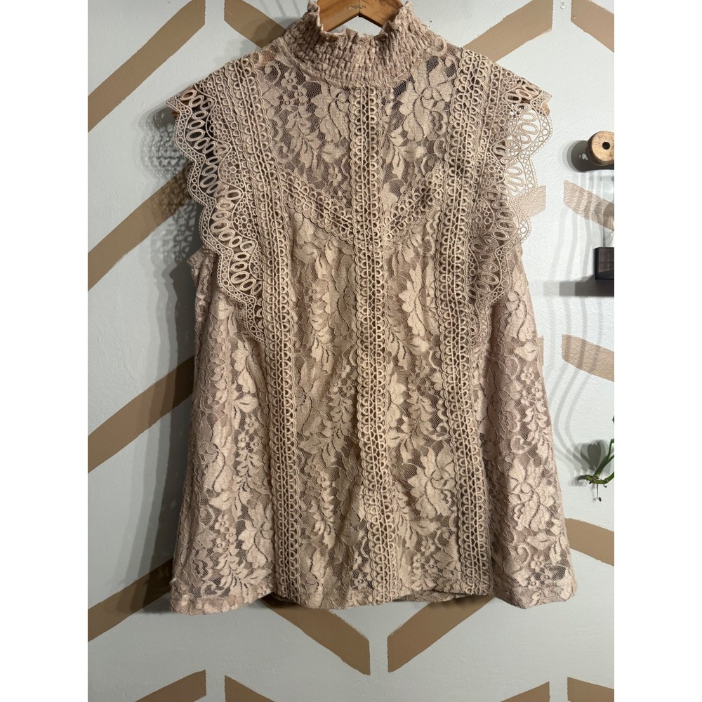 Cable & Gauge Lace Blouse Womens Size Medium Tan Crochet Mock Neck NB1W828